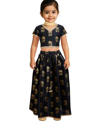 girls black dupion silk lehenga set - rose gold foil print traditional outfit 1