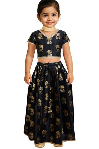 Jbn creations girls black dupion silk lehenga set - rose gold foil print traditional outfit