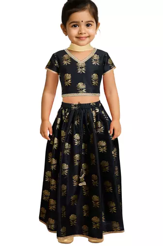 Jbn creations girls black dupion silk lehenga set - rose gold foil print traditional outfit