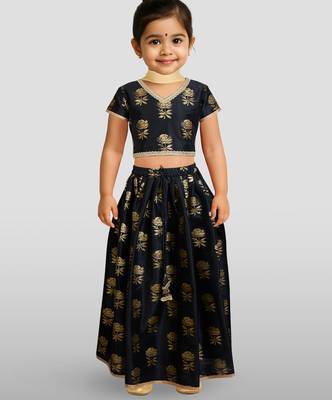 girls black dupion silk lehenga set - rose gold foil print traditional outfit 2
