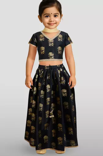 girls black dupion silk lehenga set - rose gold foil print traditional outfit