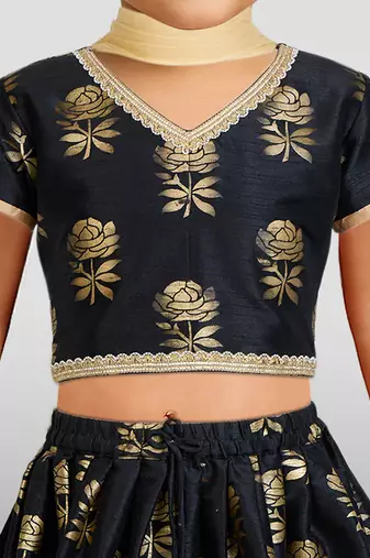 girls black dupion silk lehenga set - rose gold foil print traditional outfit