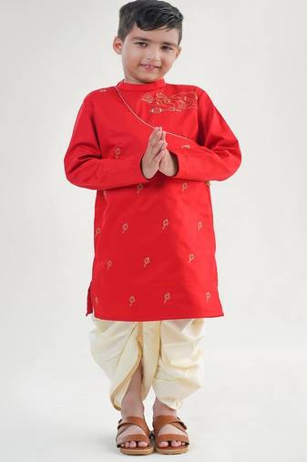 Red embroidered cotton kurta set