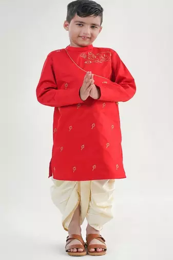 Red embroidered cotton kurta set