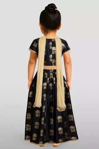 girls black dupion silk lehenga set - rose gold foil print traditional outfit