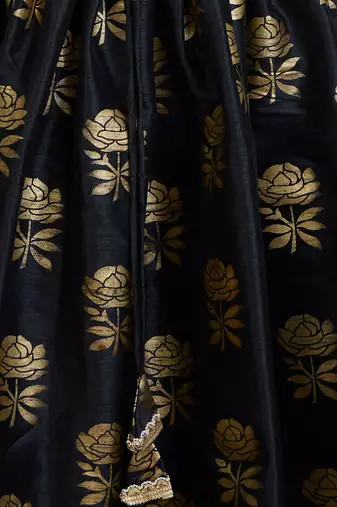 girls black dupion silk lehenga set - rose gold foil print traditional outfit