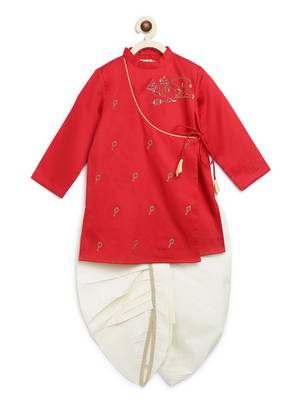 Red embroidered cotton kurta set 4
