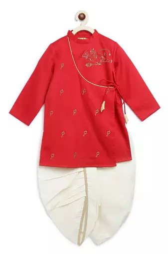 Red embroidered cotton kurta set