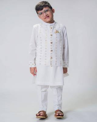 White embroidered cotton nehru jacket set 1