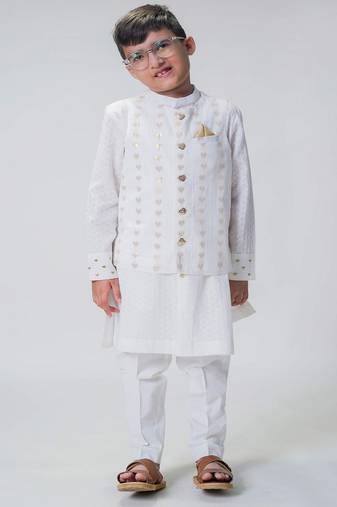 White embroidered cotton nehru jacket set