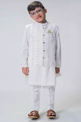 White embroidered cotton nehru jacket set