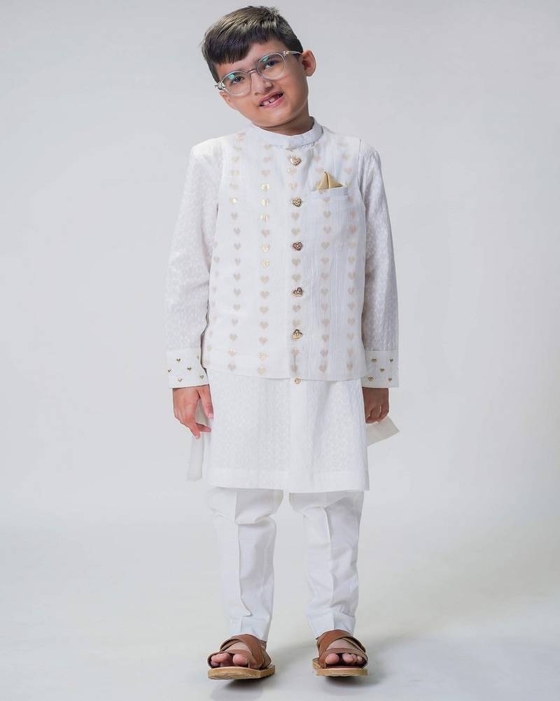 White embroidered cotton nehru jacket set