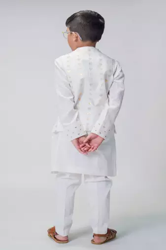 White embroidered cotton nehru jacket set