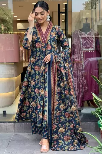 Navy blue floral printed cotton kurta and pant set with mulmul dupatta