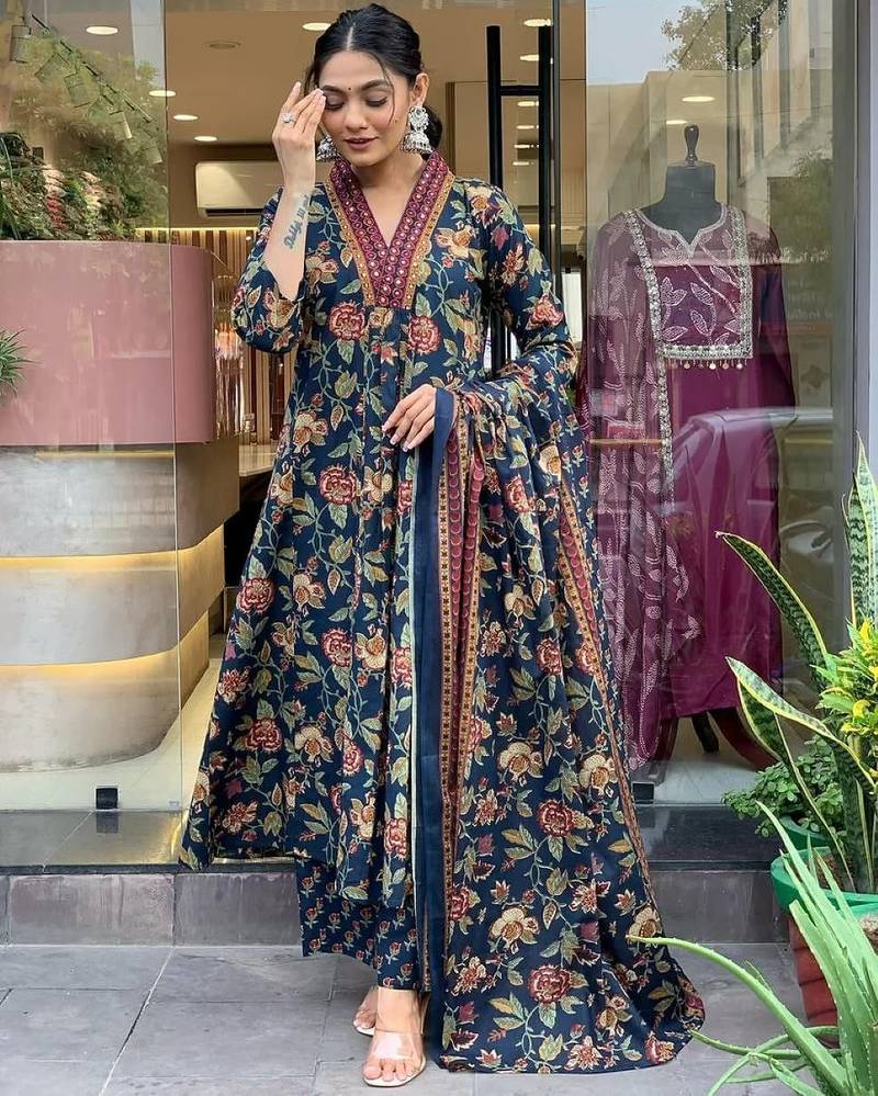 Navy blue floral printed cotton kurta and pant set with mulmul dupatta