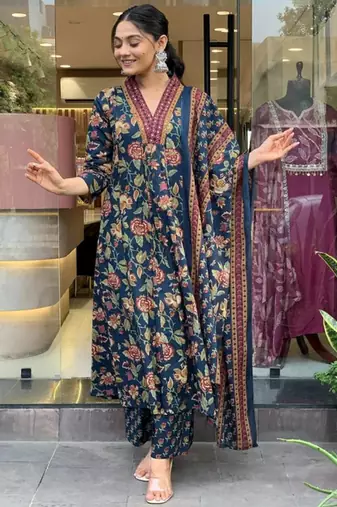 Navy blue floral printed cotton kurta and pant set with mulmul dupatta