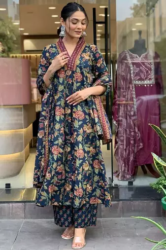Navy blue floral printed cotton kurta and pant set with mulmul dupatta