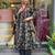Navy blue floral printed cotton kurta and pant set with mulmul dupatta