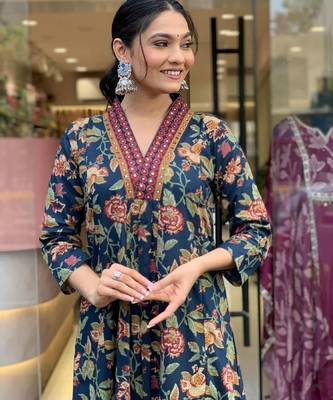 Navy blue floral printed cotton kurta and pant set with mulmul dupatta 5