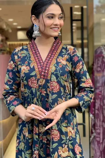 Navy blue floral printed cotton kurta and pant set with mulmul dupatta