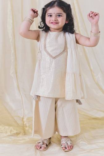 Cream plain cotton kurta set