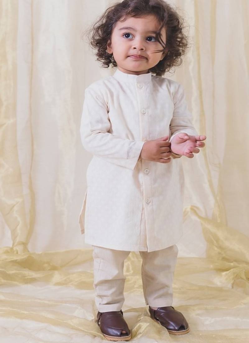 Cream plain cotton kurta set