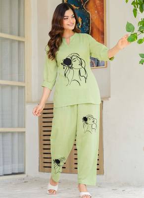 Green embroidered cotton slub co-ord set 1