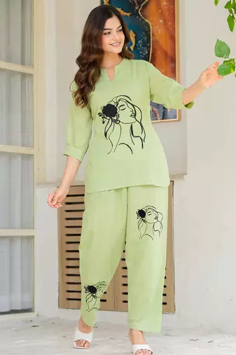 Green embroidered cotton slub co-ord set