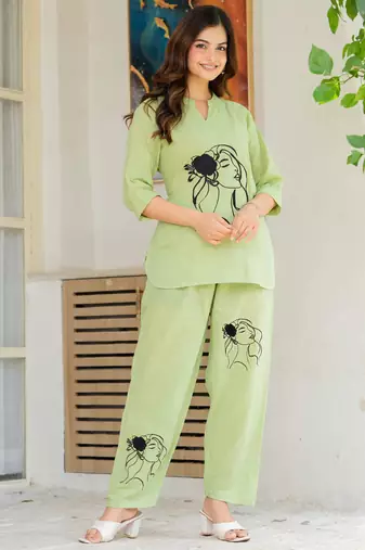 Green embroidered cotton slub co-ord set