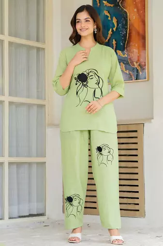 Green embroidered cotton slub co-ord set