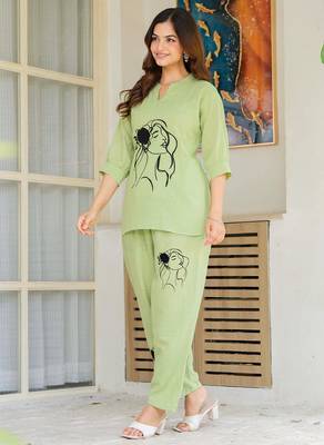 Green embroidered cotton slub co-ord set 4