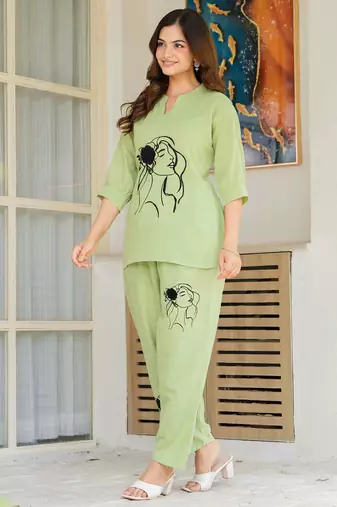 Green embroidered cotton slub co-ord set