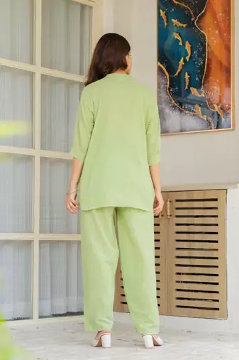 Green embroidered cotton slub co-ord set