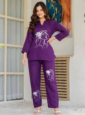 Wine embroidered cotton slub co-ord set 1