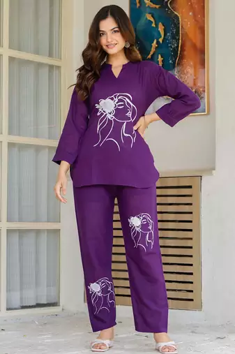Wine embroidered cotton slub co-ord set