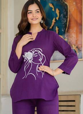 Wine embroidered cotton slub co-ord set 4