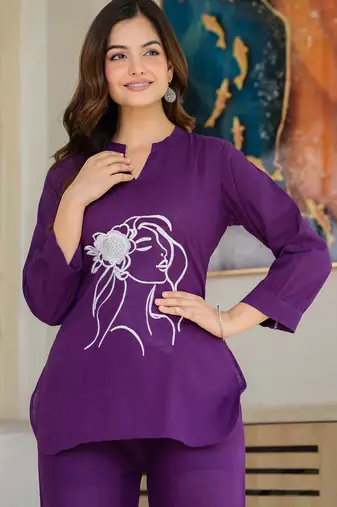 Wine embroidered cotton slub co-ord set