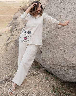 Off white embroidered cotton flex co-ord set 1