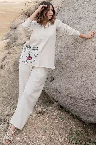 Off white embroidered cotton flex co-ord set