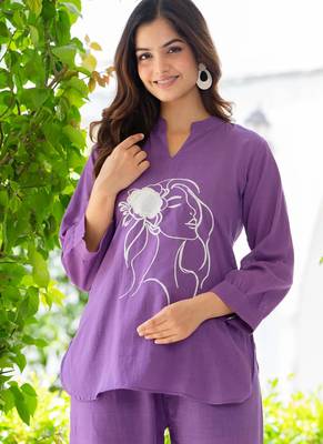 Purple embroidered cotton slub co-ord set 2