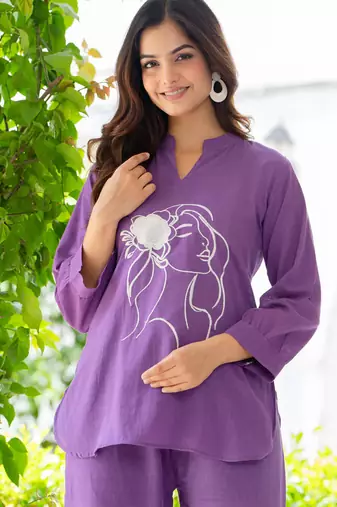 Purple embroidered cotton slub co-ord set