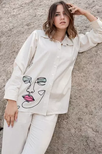 Off white embroidered cotton flex co-ord set