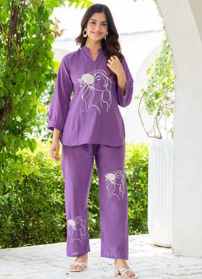 Purple embroidered cotton slub co-ord set 3