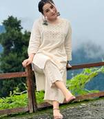 Off white embroidered cotton kurta and pant set