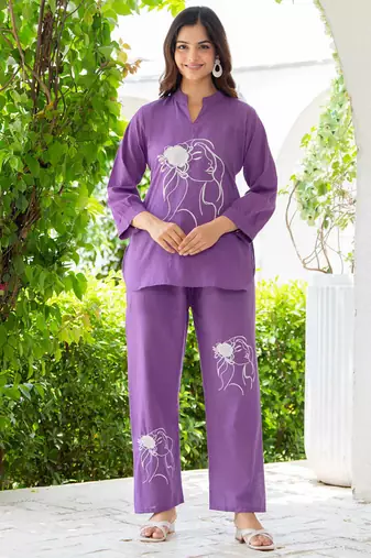 Purple embroidered cotton slub co-ord set