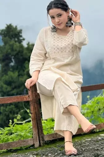 Off white embroidered cotton kurta and pant set
