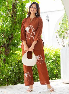 Brown rust embroidered cotton slub co-ord set 1