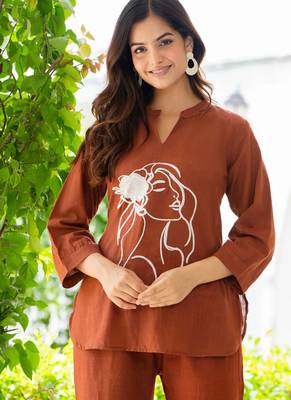 Brown rust embroidered cotton slub co-ord set 3