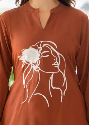 Brown rust embroidered cotton slub co-ord set 5