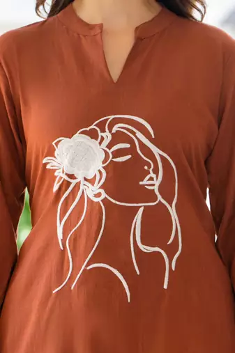 Brown rust embroidered cotton slub co-ord set